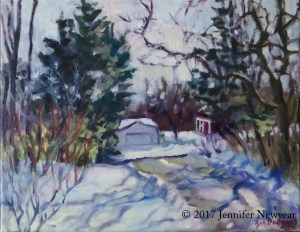 "Across the Road" a&nbsp;Plein Air oil painting, 11” x 14”, completed on site outside at home by Jennifer Newyear.